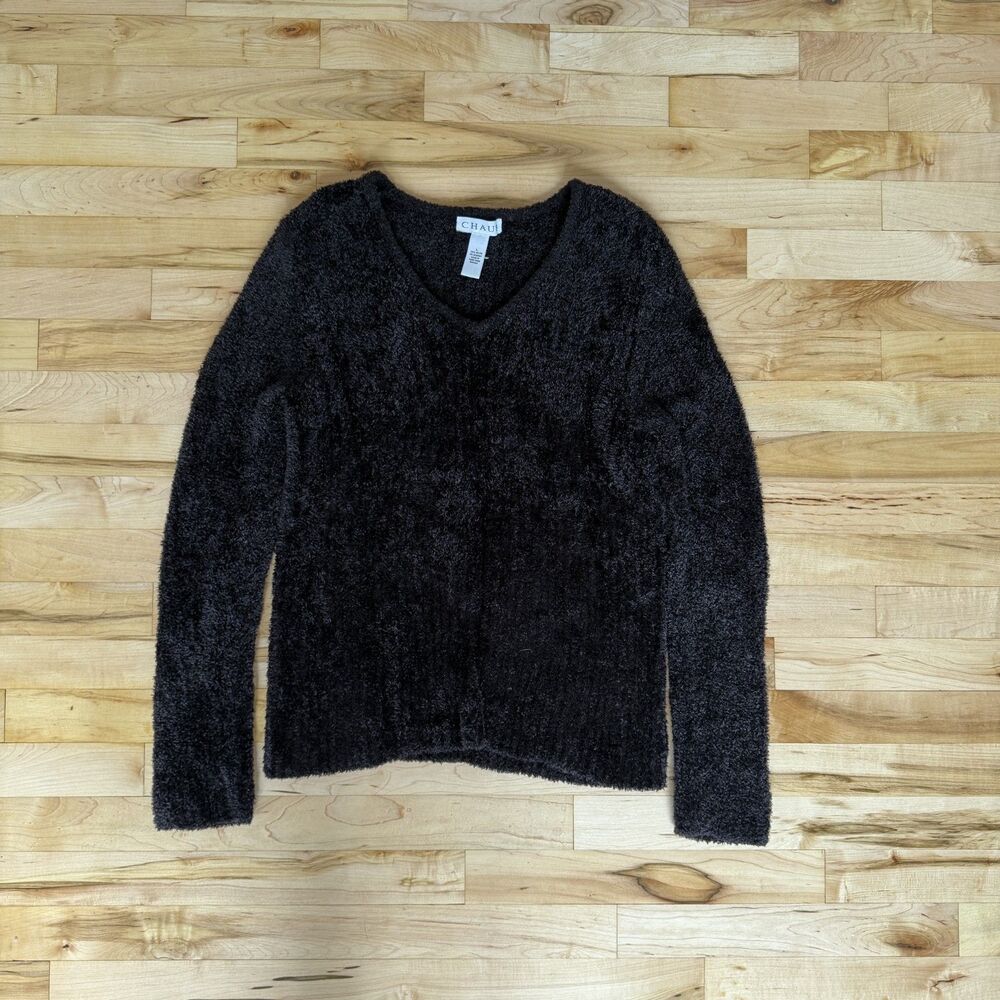 Everyday Black Fuzzy V-Neck Sweater Cozy Minimalist